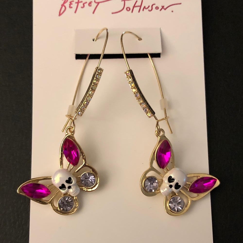 Betsey Johnson Summerween Spooky Butterfly & Skull Drop Earrings Crystal NWT